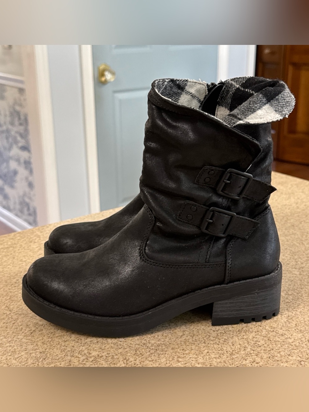 Kensie Dallas Black Slouch Double Buckle Mid Calf Moto Leather Boots 6.5 New